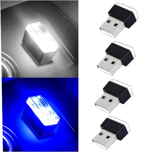 Hbxdeco 4 PCS USB LED Car Interior Atmosphere Lamp, Portable Mini Auto LED Decor Night Light, Plug-in USB Interface Ambient Lighting Kit, Universal Car Interior Accessories