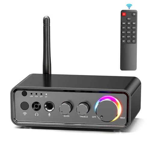 MOREGAX M19 BT Amplifier Stereo Receiver, Bluetooth 5.3 Mini Amplifier 2 Channels 100W x2 HiFi Class D Amp with RCA/Optical/Coaxial/Mic Input and Bass Treble Control for Home Outdoor Speakers