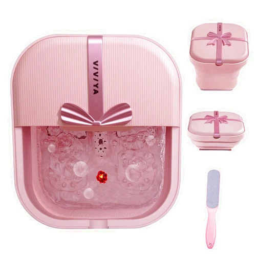 VIVIYA Collapsible Foot Bath Spa with heat and Massage Rollers, Foldable Foot Soak Tub with Bubbles Jets and LED light, Pedicure Foot Spa Massager with Foot Scrubber for Home Use (Pink)