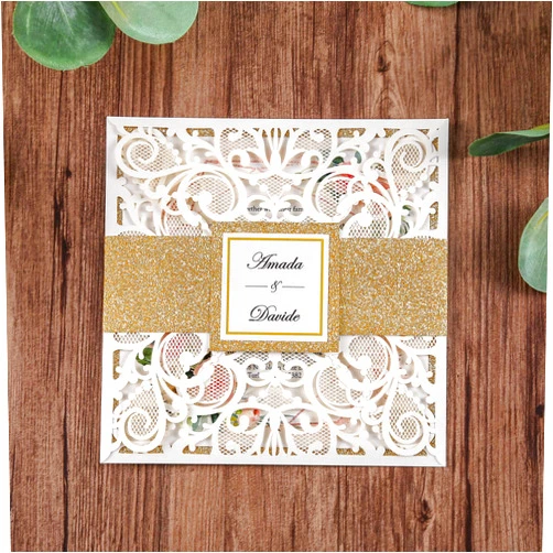 DreamBuilt 6.3 x 6.3 inch Ivory Laser Cut Wedding Invitations Cards with Gold Glitter Border and Bellyband for Wedding Bridal Shower (Ivory, 50pcs Blank)