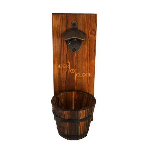 Thirsty Solutions “Beer O’ Clock” Rustic Wall Mounted Bottle Opener and Catcher - Dark Stain Pine with Zinc Alloy Opener - Removable Wooden Bucket - Man (or Woman) Cave Ready