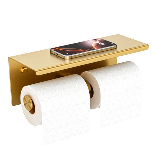 FORIOUS Double Toilet Paper Holder with Shelf, Wall Mount Tissue Roll Holder for Bathroom, 304 Stainless Steel Commercial Toilet Tissue Dispensers with Phone Shelf (1, Brushed Gold)