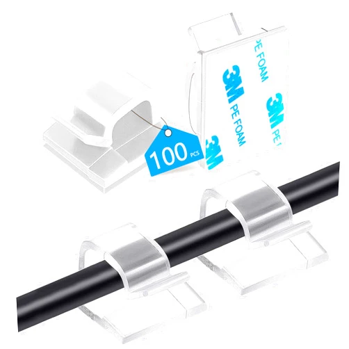 Abnii 100PCS Cable Clips, Adhesive Wire Clips Organizer Cord Clips Management, Cable Staples Outdoor Strong for Wall, Desk, Christmas Lights, String Lights, TV PC Ethernet Cable, Clear Small