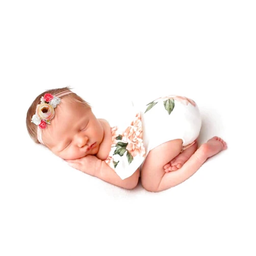OOSAKU Newborn Photography Props Baby Girl Flower Nylon Headband Set and Lace Romper Baby Girl Photoshoot Outfits Photo Prop for Infants