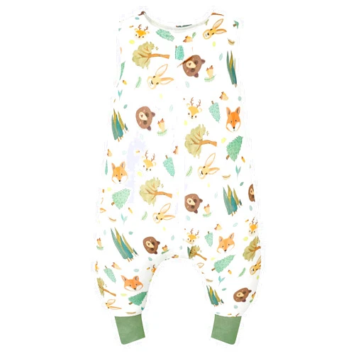 WYTbaby Sleep Sack 1.0 Tog with Feet, 100% Organic Cotton Sleeveless Toddler Wearable Blanket Baby Sleeping Bag, Green Animals 90cm/3-4 Years
