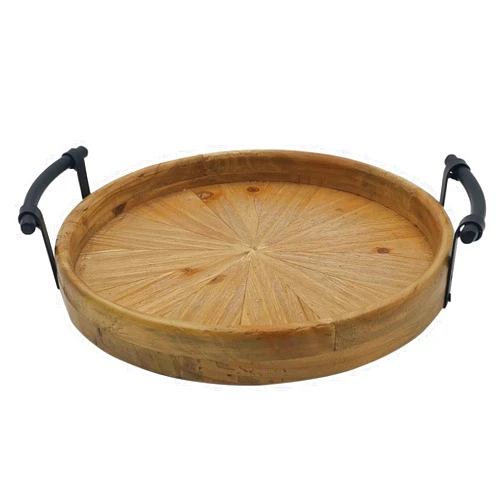 Dugunusu Rustic Round Wooden Decorative Tray with Metal Handles, Multi-Purpose Ottoman Tray, Farmhouse Serving Tray for Coffee Table, Kitchen or Living Room