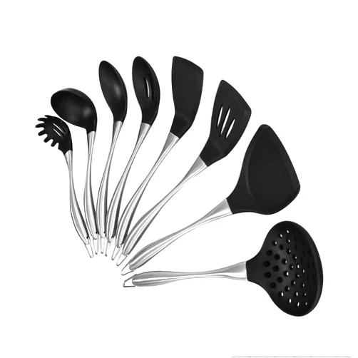 BYDUOU 8 Pcs Black and Stainless Steel Kitchen Utensil Set Silicone Cooking Utensils Set - 446°F Heat Resistant Stainless Steel Handle Silicone Utensils Set For Cooking