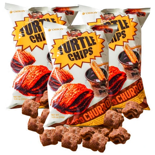 MunchMo Turtle Chips, Big 5.65oz (160 Grams) 3 Packs, Turtle Chip Choco Churro Flavor, Crunchy Snack Perfect for On-the-Go Snacking