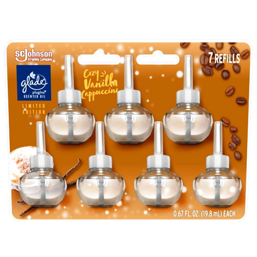 Glade PlugIns Refills Air Freshener, Scented and Essential Oils for Home and Bathroom, Cozy Vanilla Cappuccino, Limited Edition Scent, 4.69 Fl Oz, 7 Count
