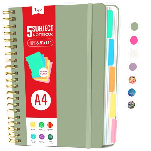Taja Hardcover Spiral Journal Notebooks for Work With Removable Dividers & Tabs, 8.5