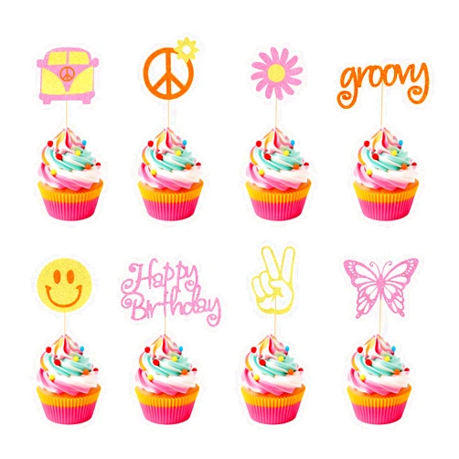Arthsdite 24Pcs Hippie Party Happy Birthday Cupcake Toppers Glitter 60s Retro Boho Dasiy Flower Sun Peace Sign Hand Two Groovy Cupcake Picks for Hippie Retro Theme Birthday Party Cake Decorations
