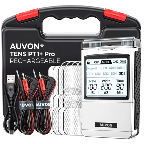 AUVON Rechargeable TENS Unit Muscle Stimulator, FSA HSA Eligible, Digital TENS Machine with 8 Customizable Modes, Electronic Massager for Sciatica, Shoulder & Back Pain Relief, 12 Pads, A Carry Case