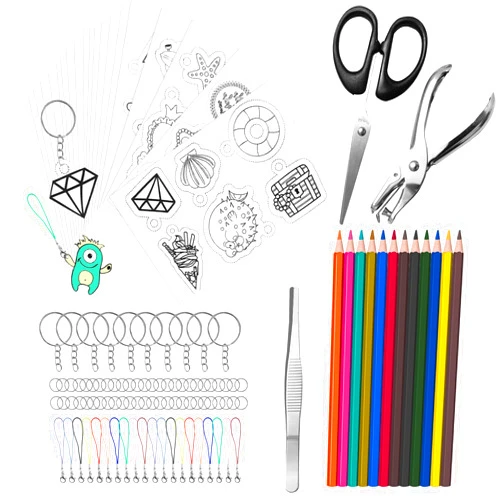 Hewolly 165 PCS Shrink Plastic Kit - 15 Shrink Plastic Films, 5 Patterned Sheets, 12 Colored Pencils, 130 Keychain Accessories, Hole Punch, Scissors, and Tweezers for Creative Art and Craft