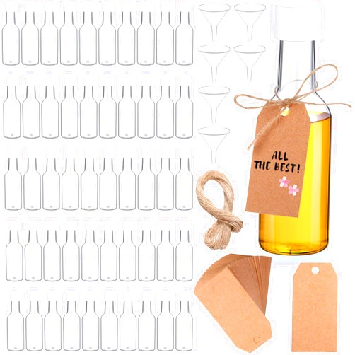 Patelai 100 Pcs Mini Liquor Bottles Set, 1.7oz Mini Plastic Champagne Wine Bottles with Caps, Alcohol Shot Bottles with 6 Liquid Funnels and 100 Kraft Tags with 65ft Ropes for Party, White Caps