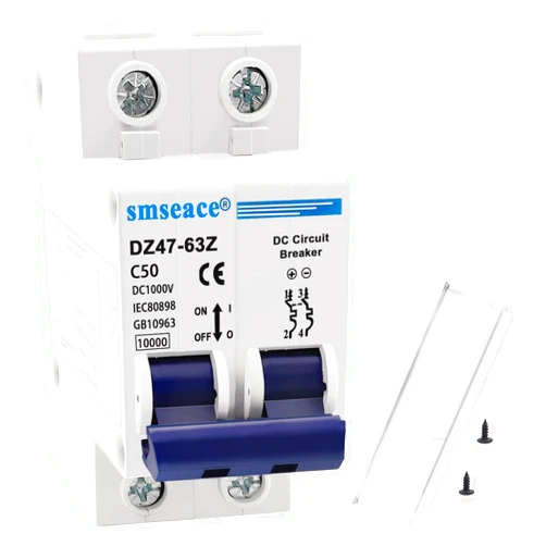 smseace DC Miniature Circuit Breaker 1000V Low Voltage DC 50A 2 Poles Air Switch DIN Rail Installation Suitable For Solar PV System DZ47-63Z-1000V-C50