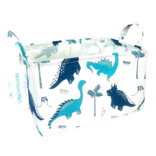 LANGYASHAN Rectangular Storage Bin Collapse Canvas Fabric Cartoon Storage Basket with Handles for Organizing Home Kitchen Boys and Girls Toys Office Closet Shelf Baskets (Rec green dinosaur)