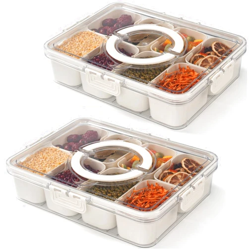 CESTATIVO 2 Pack Divided Serving Tray with Lid and Handle - Snackle Box Charcuterie Container for Party, Picnic, Entertaining, Portable Travel Snack Platters to Storage Snacks, Fruits, Nuts, Candy