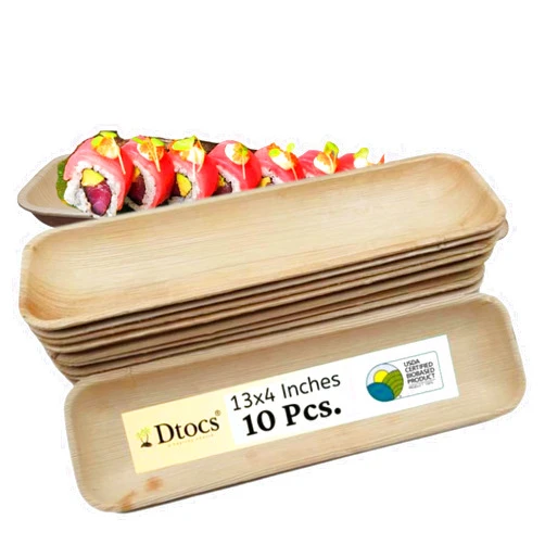 Dtocs Palm Leaf Sushi Tray (10) | 13 x 4 Inch Bamboo Plate Like Disposable Sushi Serving Tray Set, Chicken Wings Serving Tray for Luau, Wedding Parties | Compostable Alternate to Rectangle Paper Plate