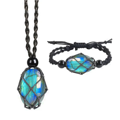 LERSUSI Natural unprocessed crystal raw stone hand woven rope adjustable necklace pendant for both men and women