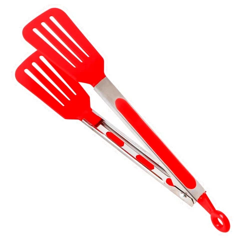 MYTHEE Salad Tongs Stainless Steel Handle, BBQ Kitchen Tongs, Non-Stick Silicone Bread Clip, Pizza and Steak Serving Utensil(Red)
