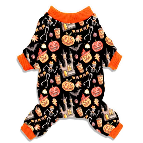 Pohshido Halloween Dog Pajama, Holiday Cat Skull & Pumpkin Clothes Cat Apparel Shirt Jumpsuits with Sleeves for Boys and Girls Small Pet Puppies Doggie
