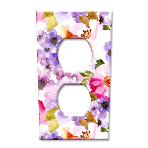 Art Plates Duplex Outlet Cover Decorative Metal Wall Plate - Pink and Purple Flower Watercolor - (Made in USA)