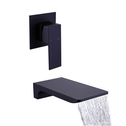 HAMOLER Wall Mount Bathtub Faucet Waterfall Bathroom Sink Faucet Single Handle Wall Mount Widespread Waterfall Vessel Faucet 2 Hole Lavatory Vanity Faucet, Matte Black