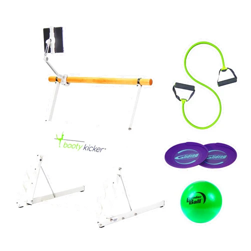 Booty Kicker Portable Ballet Barre Bundle with Tablet Holder, Bender Ball, Gliding Discs, Exercise Band | Perfect for Barre, Ballet & Dance Workouts at Home