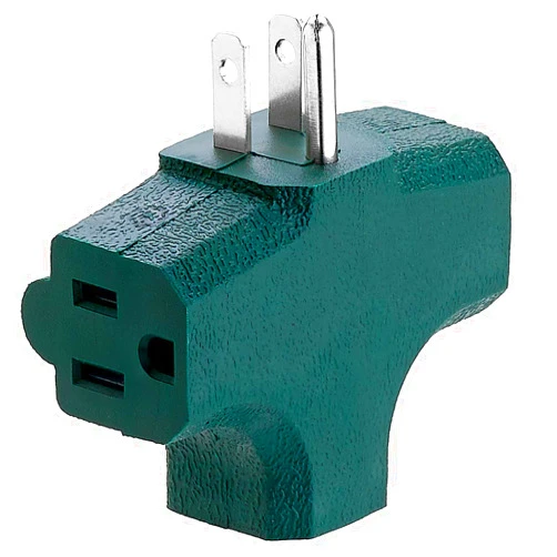 Katzco 3 Way T Straight Shaped with Plug Locations on The Left, Right, and Middle for Behind Furniture - Wall Outlet Splitter Triple Prong Wall Plug Adapter - Green Color - UL Listed, 1 Piece