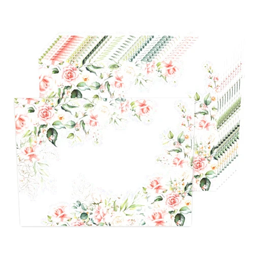 CHAROUP 50 Piece Disposable Paper Placemats 16x11 Inches, Pink Roses Patterned Place Mats Green Leaves Floral Table Mats for Seasonal Spring and Summer Wedding Party Kitchen Dining Table Decoration