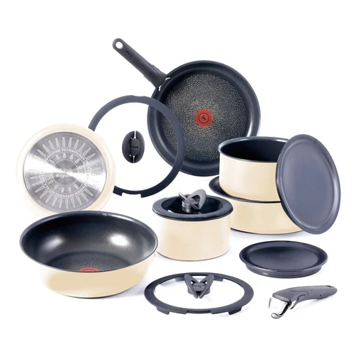 T-fal Ingenio Expertise Non Stick Cookware Set 14 Piece, Induction, Oven Broiler Safe 500F, Stackable Cookware, Pots and Pans, RV, Camping, Fry Pans, Dishwasher Safe, Detachable Handle, French Vanilla