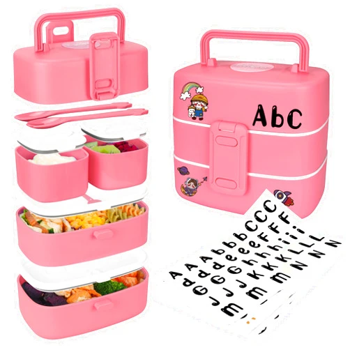 DOIOED Bento Lunch Box for Kids/Toddlers, Include Name Sticker - Leak Proof Stackable Bento Box with 4 Compartments - Children/Adults Lunch Containers, Durable Perfect Size for On-the-Go Meal.
