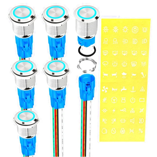 DaierTek 12V Latching Push Button Switch Marine Waterproof Round Blue LED Pushbutton Switch 19mm 12 Volt DC Ring Illuminated Metal ON Off with Label Sticker for Boat Car -6pcs