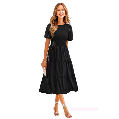 Locien Women's Summer Dress 2024 with Ruffles, Short Sleeve Midi Pink, for Casual and Cocktail Parties