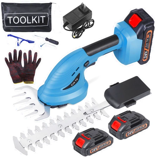 Cub Tik Hedge Trimmer Cordless with Battery and Charger 21V Electric Brush Grass Shrub Trimmer 2 in 1 Handheld Mini Grass Shears Grass Cutter Battery Powered Hedge Trimmer for Garden, Yard and Lawn (Blue)