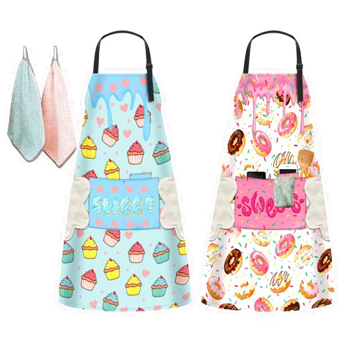 Vintaomtang 2 Pack Aprons for Women with 3 Pockets, Adjustable Waterproof Kitchen Bib Apron with 2 Towels for Chef Servers Grilling Cooking Baking, Plus Size Donuts Cupcake Aprons for BBQ Painting Gardening