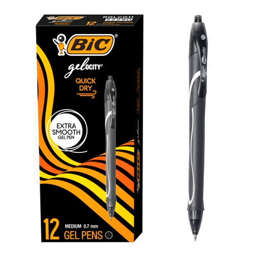 BIC Gelocity Quick Dry Black Gel Pens, Medium Point (0.7mm), 12-Count Pack, Retractable Gel Pens With Comfortable Full Grip