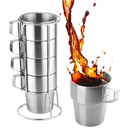 Yummy Sam 10oz Stainless Steel Stackable Coffee Mugs, Camping Mug Set with Handle 4PCS, Insulated Stainless Steel 300ml Double Wall Coffee Mugs with Rack for Summer Espresso Tea Water Cups (Silver)