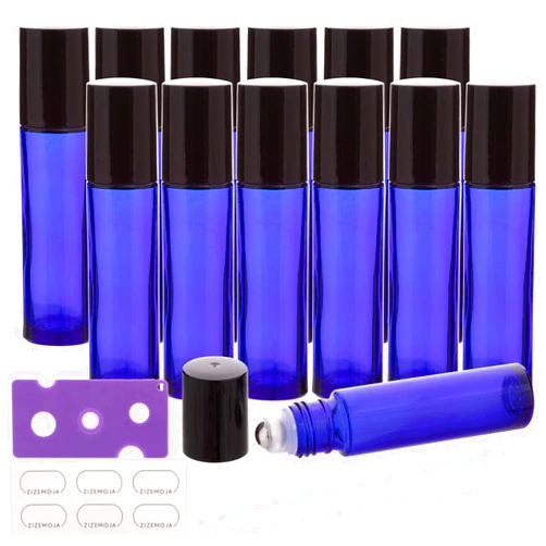 ZIZEMOJA 12 Pack 10ml Essential Oil Roller Bottles, with Stainless Steel Roller Balls, 10ml Blue Glass Roll on Bottles for Essential Oils, 1 Extra Roller Ball, 12 Labels, 1 Openers, 2 Droppers Included