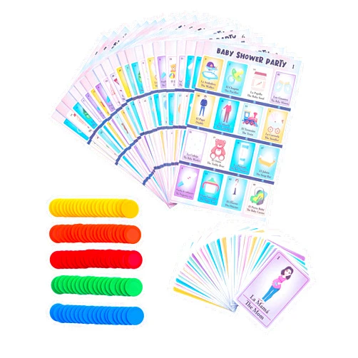 ELIASM Baby Shower Bingo Kit - Bilingual English Spanish, for 20 Players - Includes 1 Deck of Cards and Boards - with 100 Bingo Chips - Juegos para Baby Shower en Español - Great for Learning Spanish.