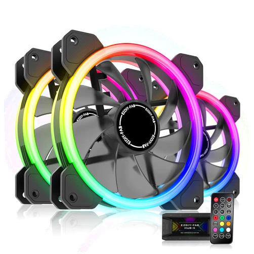 EZDIY-FAB RGB Dual Ring 120mm Case Fans,5V Motherboard Sync,Speed Adjustable,RGB Sync Fan with 10-Port Fan Hub X and Remote-3 Pack