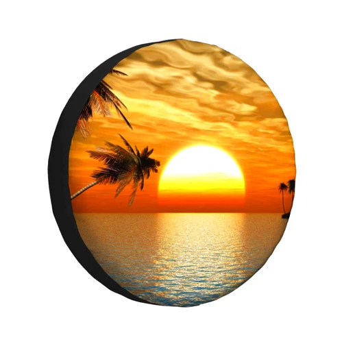 MIYASANG Sunset Palm Trees Tire Covers for Trailers Small Island Tropical Cloud Sea Sunny Romantic Horizon RV Spare Tire Cover Weatherproof Universal Wheel Protectors Fit Camper Travel (17 inch)