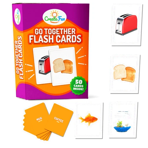 CreateFun Go Together Flash Cards | 50 Matching Language Development Educational Photo Cards | with 7 Starter Learning Games | for Parents, The Classroom, Toddler Learning Activities & Speech Therapy Materials