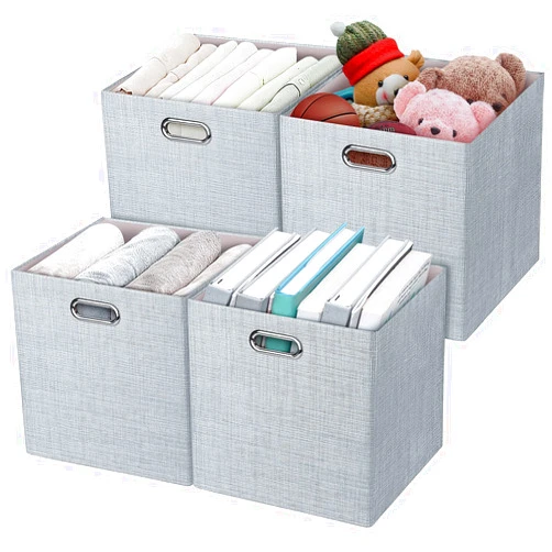 Posprica 3X Thicker Fabric Storage Cubes 13 inch Collapsible Storage Bins for Organization, Cubby Storage Baskets for Organizing Shelf Cabinet Bookcase Boxes, Set of 4, Sliver Grey