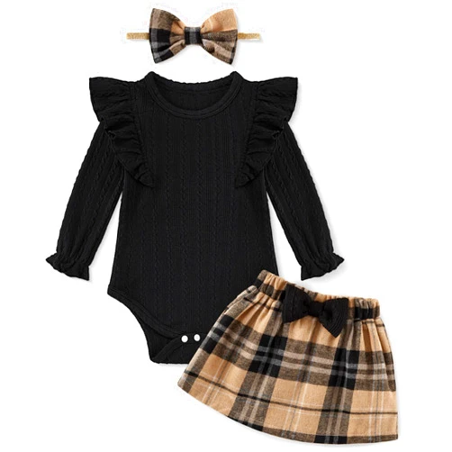 Weixinbuy Baby Girl Fall Skirt Outfits Toddler Long Sleeve Romper Plaid Skirt with Headband Newborn Infant 0-18M Clothes Set