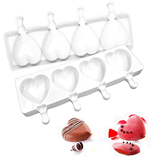 Flowish Ice Pop Molds Silicone Popsicle Molds 4 Cavities Homemade Ice Cream Mold Heart Ice Cream Mold Reusable Soft Silicone,Silicone Popsicle Molds Cake,Cakesicle Mold for DIY Ice Pops