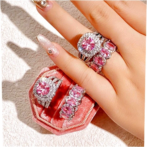 AZQ 925 Sterling Silver Shiny Full Diamond Gemstone Ring 2Pcs 18K Gold Pink Cubic Zirconia Promise Rings CZ Bride Diamond Multi Row Ring Eternity Engagement Wedding Party Band Ring Sets A.18 (US Code 6)