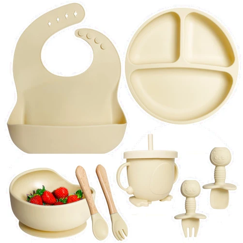 Bluet B- Silicone Baby Feeding Set - Baby Led Weaning Supplies - Baby Spoons, Suction Bowl - Plate - Baby Utensils Set - Silicone Feeding Set for Baby First Foods, Infant Eating - 8pcs - Beige
