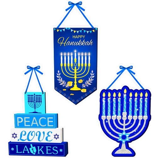 Jetec 3 Pieces Hanukkah Wooden Door Sign Decorations Blue Chanukkah Rustic Menorah Wall Decor for Home Happy Hanukkah Party Decoration