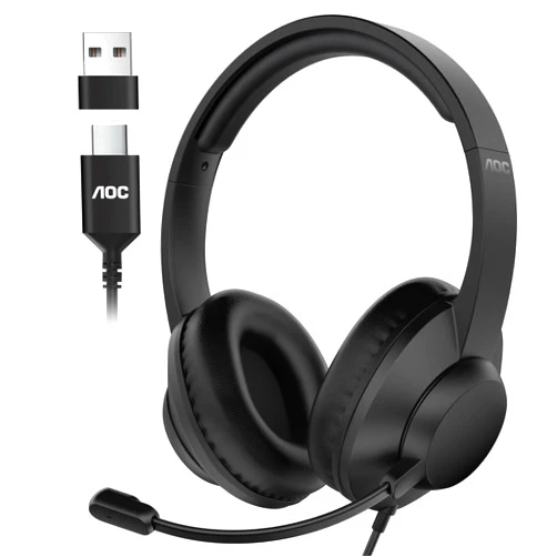 AOC USB Headset with Microphone for PC, Over-Ear Wired Headphones with Mic, Noise-Cancelling Boom, 40mm Audio Drivers, USB-A/C Compatibility for Office, Call Centers & Online Meetings (Black)